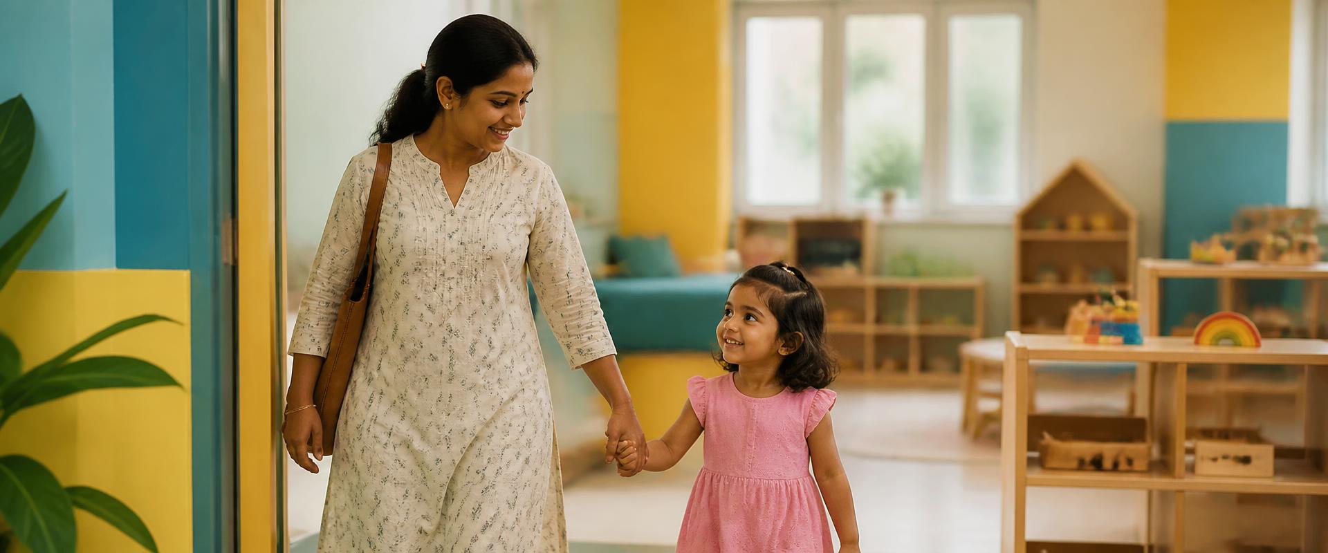 A mother and her toddler walking hand in hand into a bright playschool classroom on their first visit